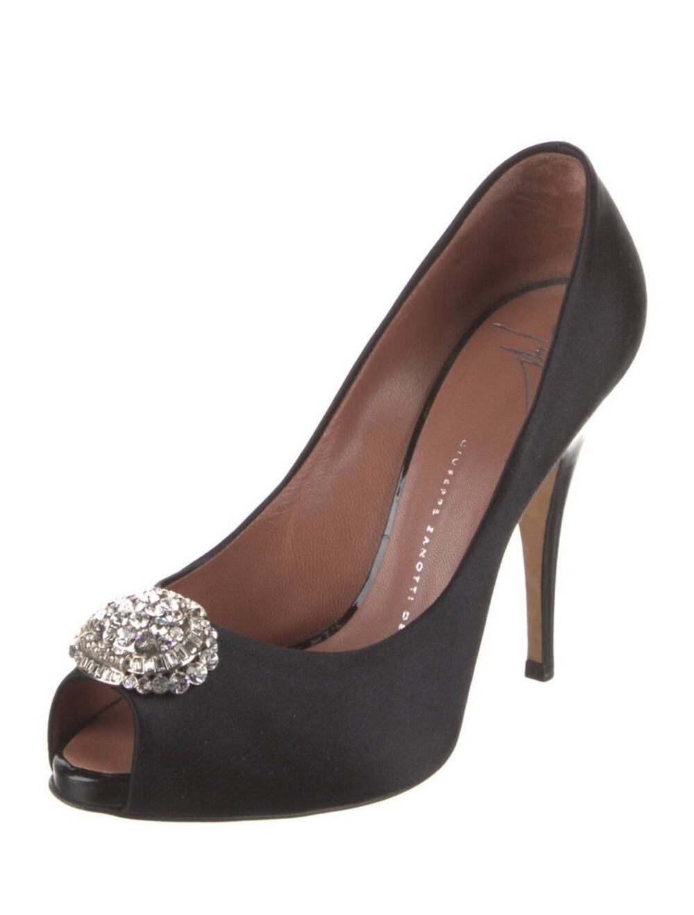Giuseppe Zanotti Black Satin Stiletto Swarovski Crystal Peep Toe Shoes Size 38